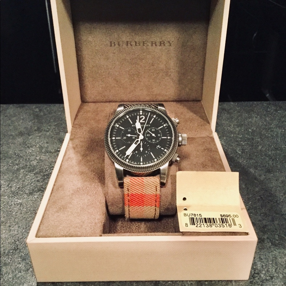 Burberry Check Leather Strap Chronograph Watch